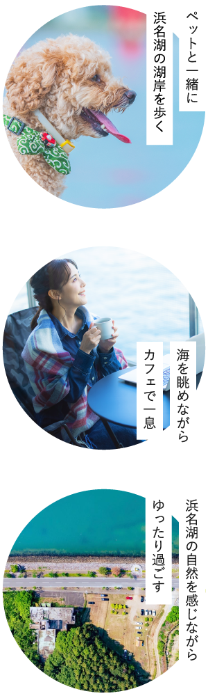 「ペットと一緒に浜名湖の湖岸を歩く」「海を眺めながらカフェで一息」「浜名湖の自然を感じながらゆったり過ごす」